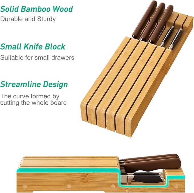 Knife Organizer Drawer Insert, In-Drawer Bamboo Wood Knife Block, Drawer Knife Storage Steak Knife Holder Without Knives, Holds up to 5 Knives