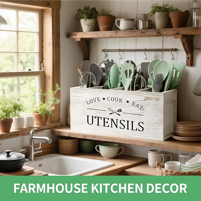 Extra Large Kitchen Utensils Holder with 4 Compartments, Wooden Storage Utensil Holder Organizer for Counter or Countertop, Farmhouse Decor, Rustic Cooking Utensil Kitchen Tool