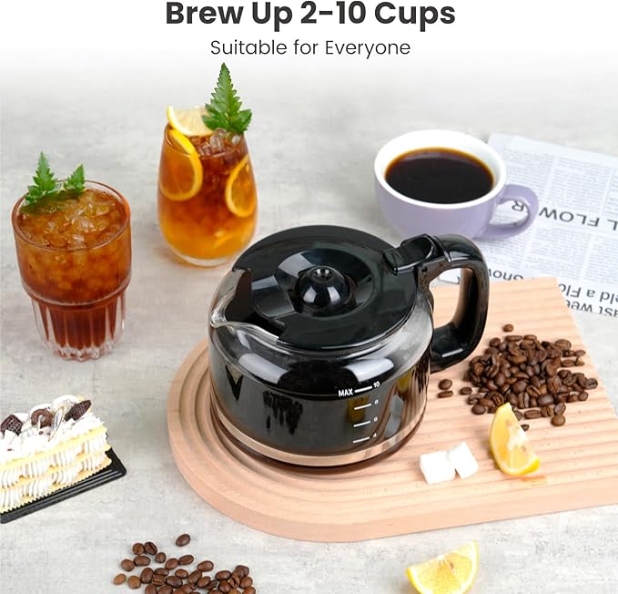 Gevi 10-Cup Drip Coffee Maker, Built-in Burr Grinder, 1.5L Water Tank, Programmable Timer, Auto Keep-Warm, Reusable Filter, Fresh Grind Coffee Machine, Black