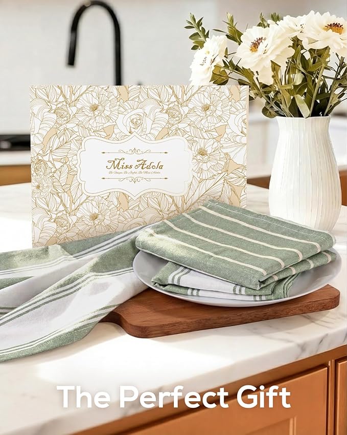 Miss Adola Neutral Flour Sack Kitchen Towels - 3 Pack 18"x 26" Cotton Farmhouse Fast Drying Decorative Hand Tea Towel Dishcloth with Hanging Loop for Home Decor Housewarming Gift, Sage Green