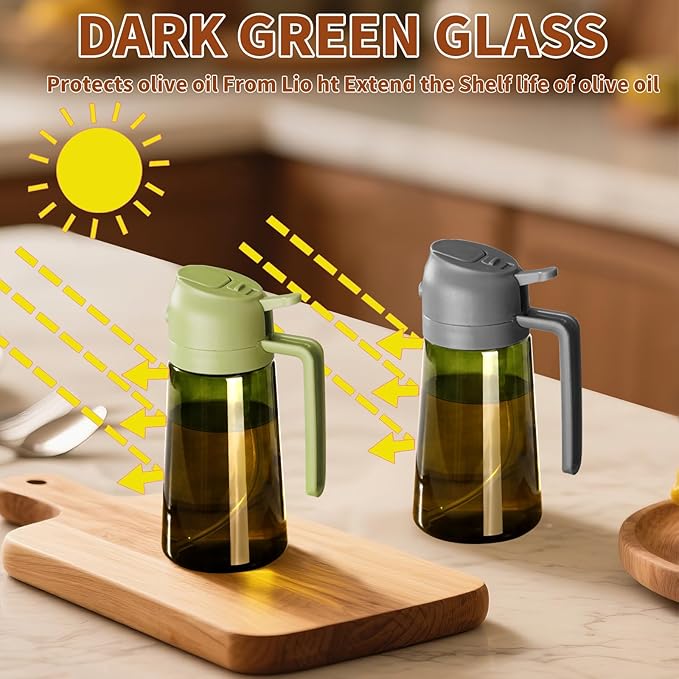 SWEET VIEW Olive Oil Dispenser and Oil Sprayer – 16oz/470ml Glass Light-Proof Oil Pourer for Kitchen, Air Fryer, Cooking, Salad, and BBQ