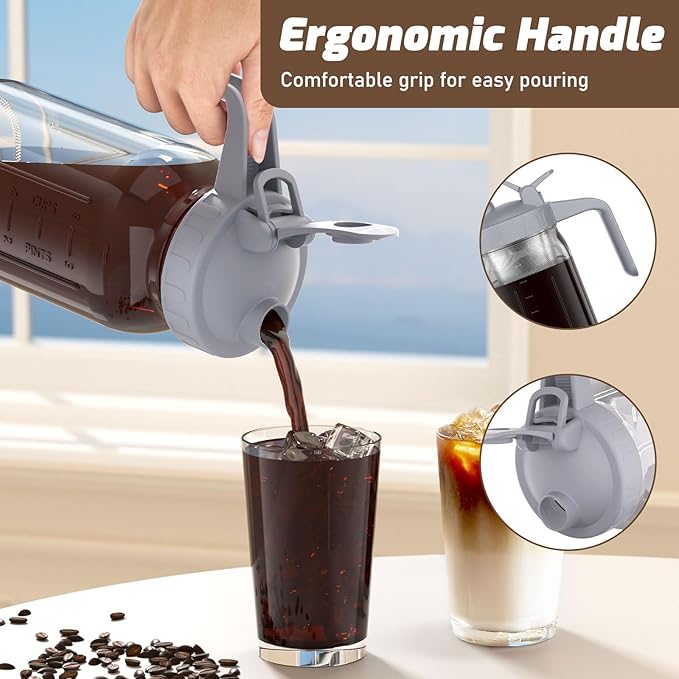 Cold Brew Coffee Maker Jar - 64oz Thick Glass Multipurpose Mason Pitcher Spout Lid with Handle & Stainless Steel Filter for Iced Coffee, Lemonade, Ice Tea, Homemade Fruit Drinks Container(2Pack)