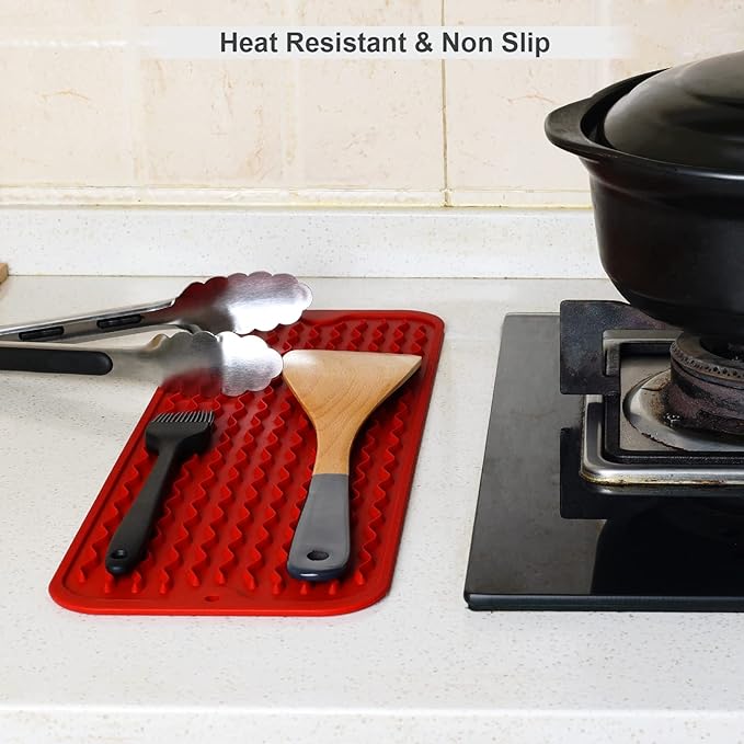 ZLR Silicone Sponge Holder & Sink Caddy Tray (6" x 17") - Narrow Dish Drying Mat for Kitchen Counter - Waterproof Soap Dispenser Organizer, Non-Slip Bathroom Vanity Tray (Lava Red)