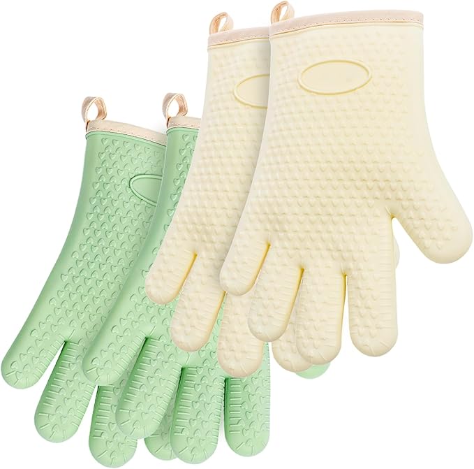 2 Pairs Silicone Oven Mitts Heat Resistant Gloves Heat Resistant Non-Slip Waterproof Kitchen Mittens for Baking, Grilling, Cooking(2 Pairs-Green + White)