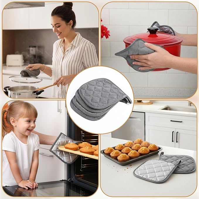4 Pcs Kitchen Hot Pads Pot Holders Dining Essentials Decor Accessories Terry Cloth Potholders Sets with Hanging Loops for Oven Cooking Baking Pans Heat Resistant, Grey