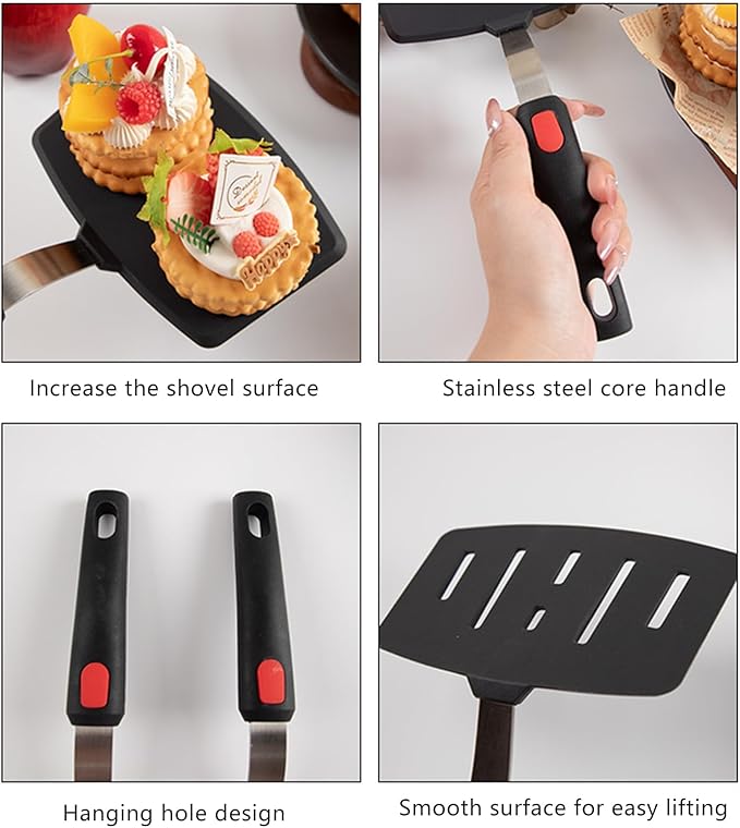 2 Pack Silicone Large Pancake Spatula Turner for Nonstick Cookware, Extra Wide Spatula for Cooking,Flexible Fish Turner, Slotted Spatulas for Eggs Omelette Flipping,Dishwasher Safe (2 Pack Black)