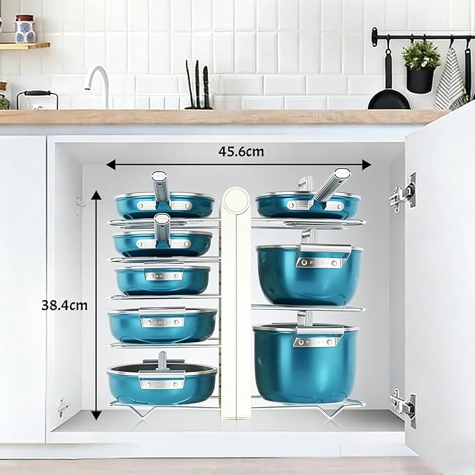 Pots and Pans Organizer under Cabinet,15.35" Height 8 Tier Pot Organizers Rack,Heavy-Duty Pot & Pan Organizer,Adjustable Pan Organizer under Cabinet Kitchen Organization and Storage,White