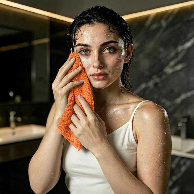 RIVERSIDE Pack of 12 Washcloths, 12 x 12 Inches, 100% Cotton, Premium Flannel Face Cloths, Highly Absorbent & Soft Feel Fingertip Towels (Orange, 12 Pack)