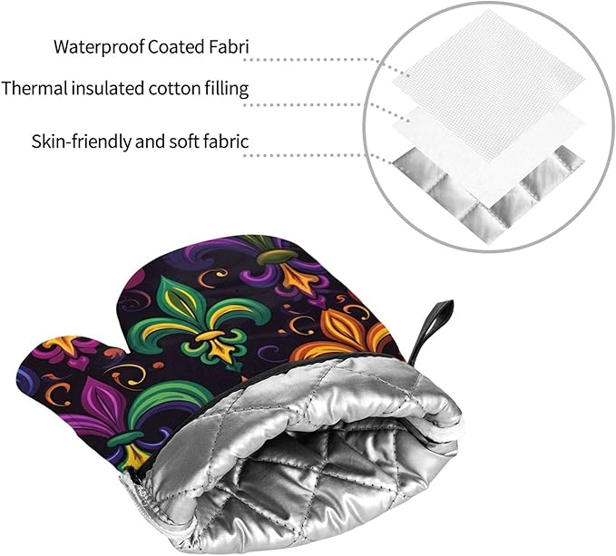 Colorful Fleur De Lis Oven Mitts and Pot Holders Sets Mardi Gras Kitchen Oven Gloves Heat Resistant 500 Degrees Oven Mitt and Hot Pad for Cooking BBQ Baking Grilling
