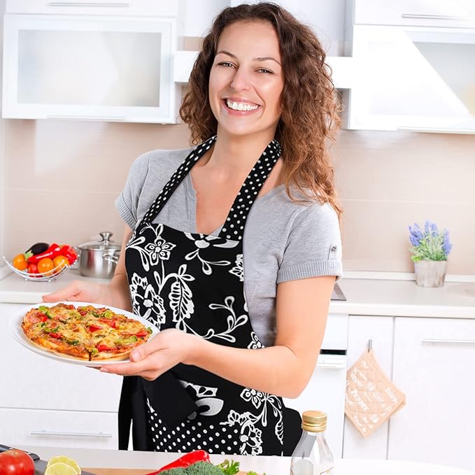 G2PLUS Vintage Floral Kitchen Apron for Women, Black Pleated Hem Cooking Apron with Pocket, Retro Cotton Apron for Kitchen and Home Use (29 x 21 inch)