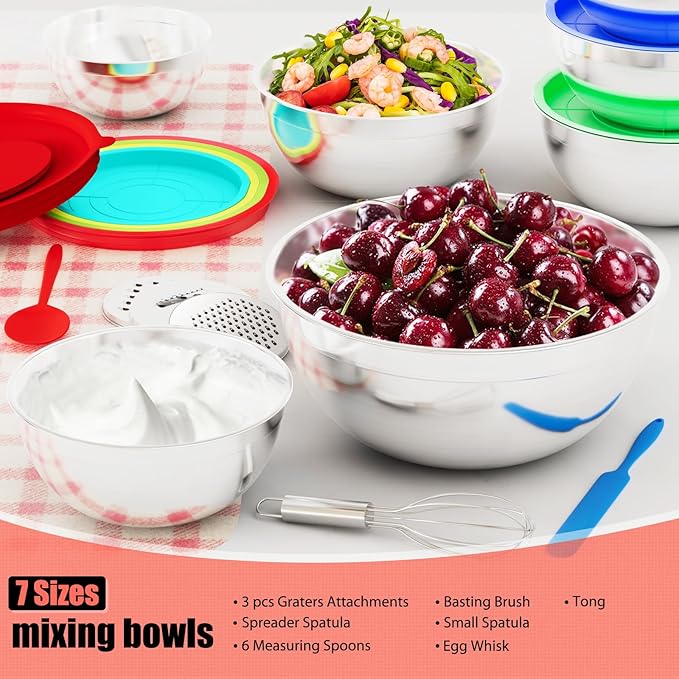 ENVTEK Mixing Bowls with Lids Set, 7 PCS Stainless Steel Mixing Bowls with 3 Grater Attachments, Size 4.5, 4, 3.5, 2.1, 1.5, 1.1, 0.7QT, Ideal for Kitchen Cooking Baking & Serving