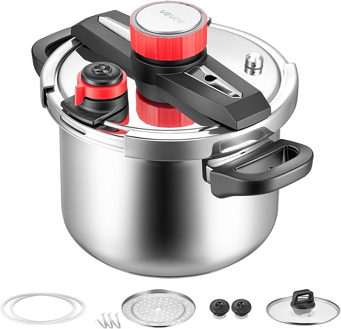 VEVOR Pressure Cooker, 6.3Qt Pressure Cooker Stainless Steel, Pressures Canner with Steaming Rack, Tempered Glass Lid, Three Pressures Settings for Meat, Beans, Rice, Soup, Sauces, Cook up to 100 kPa