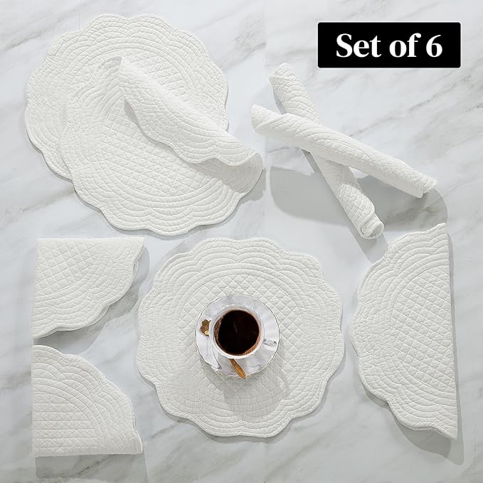 HOMBYS Quilted Placemats Set of 6 Washable Round Placemats for Kitchen Table-100% Cotton Fabric 14 Inch Round Table Mats, Cotton Fabric with Microfiber Filling, (14"x14", Cream White)