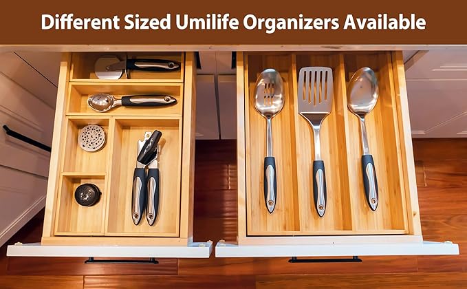 Umilife Drawer Organizer Storage Boxes, 2.5" High Bamboo Drawer Dividers, 3 Rearrangeable Bins for Kitchen, Office Desktop, Clothing, Makeup, vanity, Jewelry