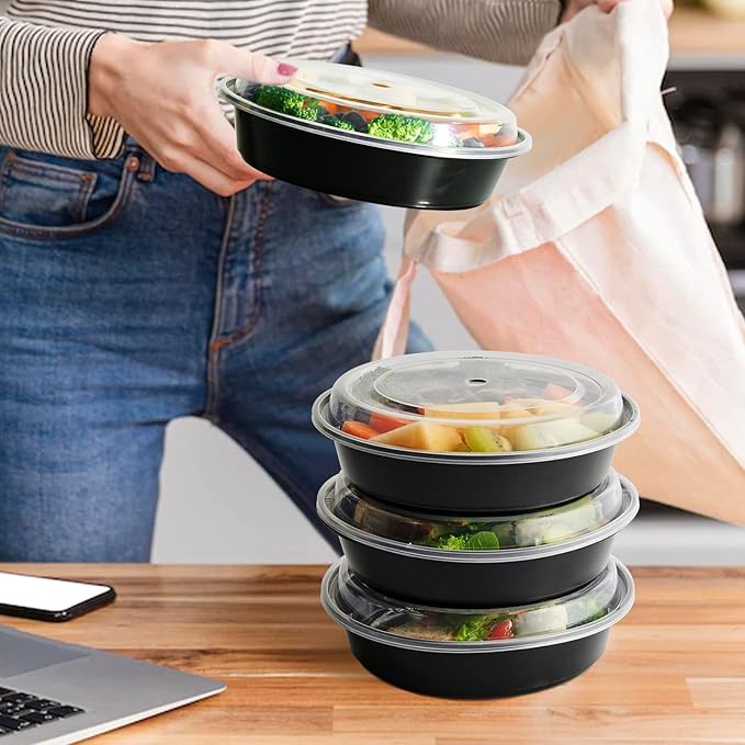 MUCHII 50 Pack Meal Prep Container, 24 oz Round Plastic Disposable Bowls with Lids, Food Microwave and Freezer Safe