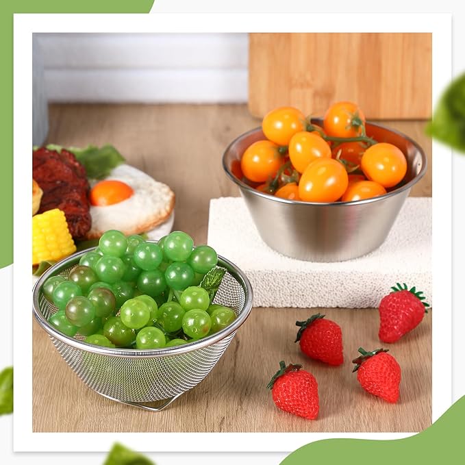 Baderke 2 Pcs Mini Colander & Food Strainer 304 Stainless Steel Small Mixing Colanders Bowl Rice Strainer for Kitchen Cooking Fruit Washing Vegetable(5.51 x 2.36 Inches,Silvery)