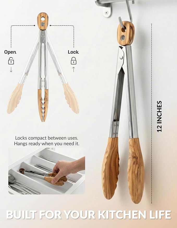 Premium Olive Wood Salad Tongs for Serving, 12 Inch Serving Tongs with 304 Stainless Steel Handle for Salad, Bread, BBQ, Pickles, Toaster & Kitchen Use