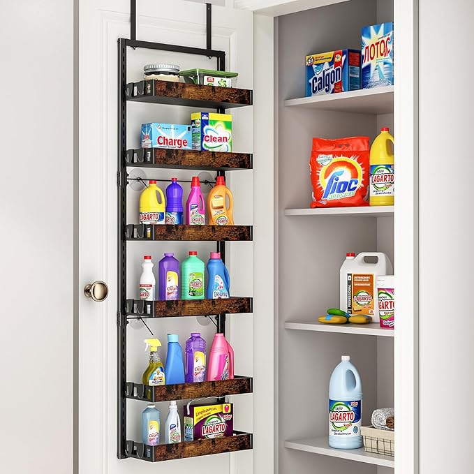 bukfen Over the Door Pantry Organizer, 6-Tier Adjustable Wooden Basket Kitchen Pantry Door Organization and Storage, Heavy-Duty Metal Hanging Kitchen Spice Rack, D6.3 x W17.71 x H50.60 inch, 1 Pack