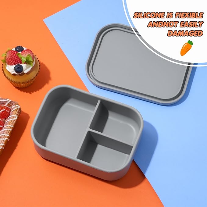 Layhit 1 Pcs Silicone Bento Box for Adults, 27 oz Bento Lunch Container Reusable 3 Compartment Lunchable Food Container for Women Men, Leak Proof Microwave Dishwasher Freezer Safe (Dark Gray)