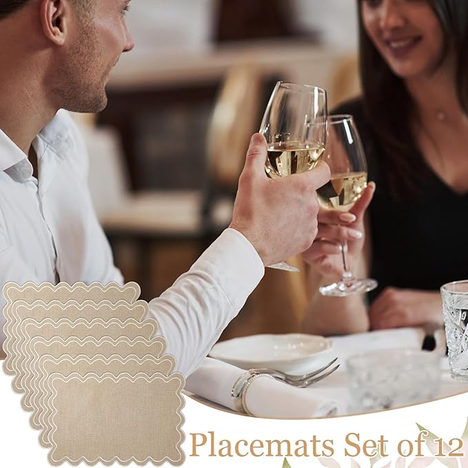 Linen Placemats Set of 12 Scalloped Placemat 13 X19 Wavy Embroidery Double Layered Washable Farmhouse Dinner Fabric Table Mat Napkin for Wedding Party Christmas Hotel Restaurant(Linen Color)
