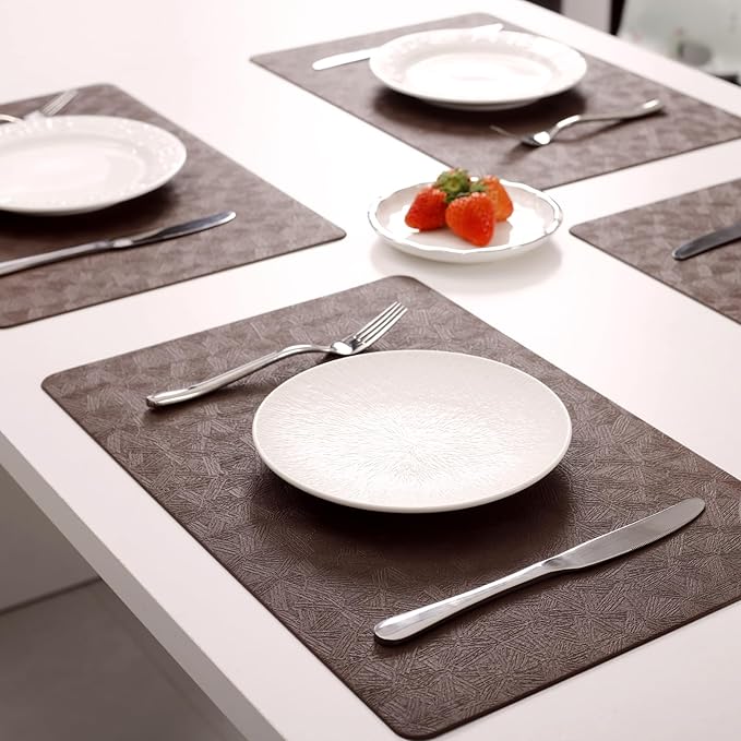 Vinyl Placemats Set of 8 Heat Resistant Easy Clean Non-Slip Place Mats for Dining Table Faux Leather Waterproof Stain Resistant Wipeable Washable PVC Table Mats(8, Brown)