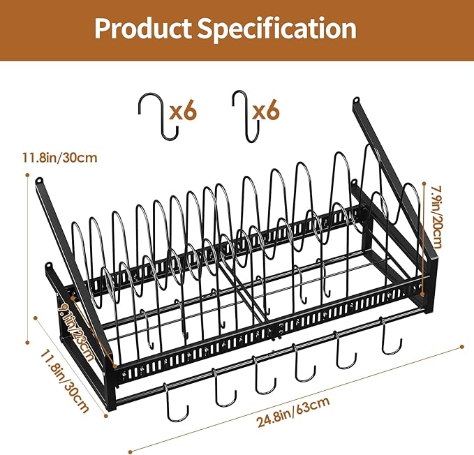 Housolution Pan Rack Wall Mounted, 24.8" Vertical Lid Organizer with 14 Adjustable Dividers, Heavy Duty Hanging Cookware Holder Hanger with 6 S-Hooks & 6 Vertical Hooks