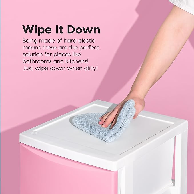 IRIS USA Plastic Drawer Storage Organizer, 4-Drawers, for Classroom Art Supplies Bathroom Dorm Bedroom Laundry Room, Slim Narrow, White Frame with Matte Pink Front Panels