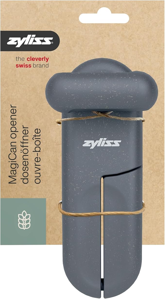 Zyliss MagiCan Manual Can Opener – Ergonomic Gray Handle with Lid-Release for Hands-Free Disposal – Stainless Steel Cutting Wheel, Compact Design, Left or Right-Hand Use – 5-Year Guarantee