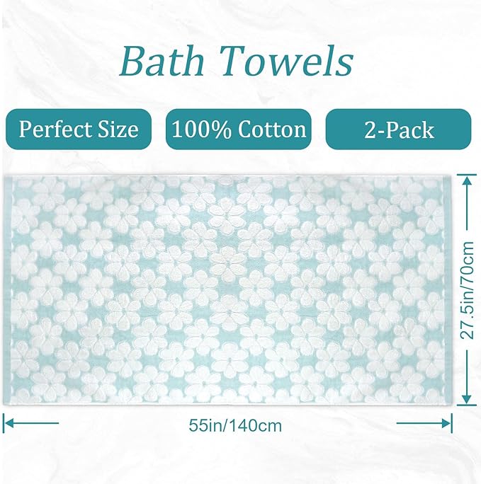 Cotton Towels for Bathroom Decor with Floral Jacquard, Super Soft and Absorbent Bath Towel Set of 2, Large Size 27.5x55 Inches