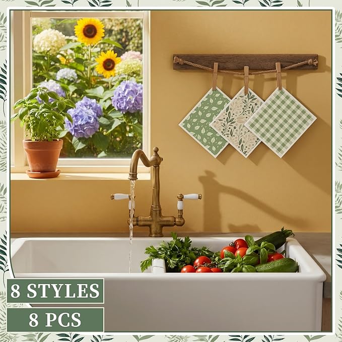 Tegeme 8 Pcs Sage Green Swedish Dishcloth Kitchen Spring Greenery Flowers Swedish Dish Towel Absorbent Cotton Reusable Kitchen Towels for Home Party Housewarming Cleaning Counter Wipes, 6.8 x 7.7''