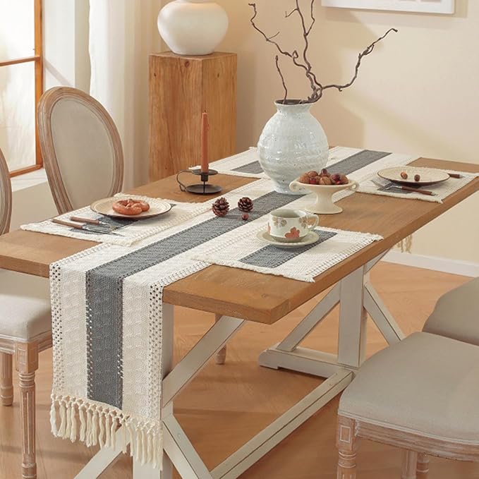 Niviy Grey Table Runner 72 Inches Long with Tassels, Seasonal Spring Summer Washable Embroidered Striped Braided Grey and Beige Boho Table Runners for Holiday Party 12 x 72 Inches