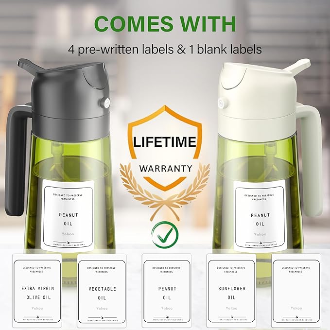 Vakoo 2 in 1 Oil Sprayer and Oil Dispenser for Kitchen - 16oz/470ml Light-Blocking Dark Glass Olive Oil Spray Bottle for Cooking, Air Fryer, Salad & BBQ (Black and White)