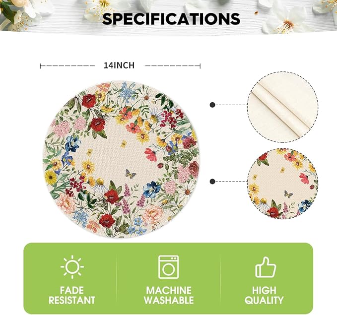 Artoid Mode Vintage Floral Spring Round Placemats Set of 4, 14 Inch Seasonal Holiday Round Table Mats for Party Kitchen Dining Decoration
