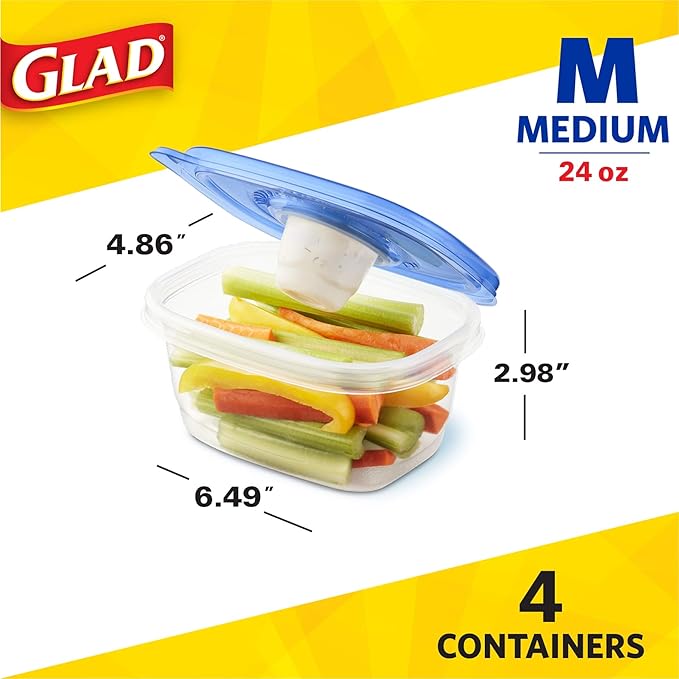 Glad GladWare To Go Snack Food Storage Containers with Lids, Medium Rectangle No BPA Plastic with Built-In Dressing Cup for Salads and Snacks, Microwave Dishwasher Safe, 24 Oz, 4 Count - 6 Pack