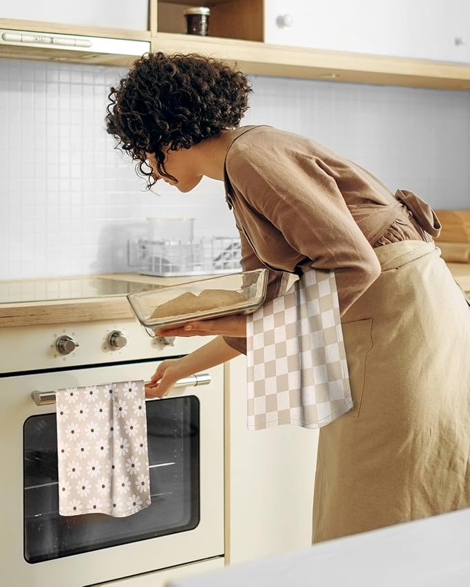 Miss Adola 4pcs Flour Sack Kitchen Towels - 16x26 Inch Cotton Dish Towels Set of 4 with Hanging Loop Reusable Geometric Boho Modern Retro Tea Towel Absorbent Dishcloths Home Decor, Beige Plaid Daisy