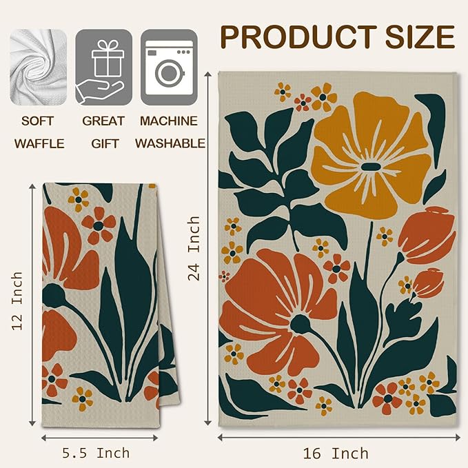Abstract Boho Floral Kitchen Towels, Retro Wildflower Dish Towels Drying Cloth for Kitchen, Mid Century Modern Boho Decorative Hand Towels for Bathroom, 16x24 Inch Set of 2