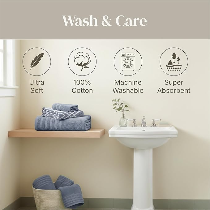 Modern Threads Classic Diamond 6-Piece 100% Cotton Towel Set – Yarn Dyed Jacquard – Includes 2 Bath Towels, 2 Hand Towels, 2 Washcloths – Absorbent, Quick Dry, Soft & Durable – Blue