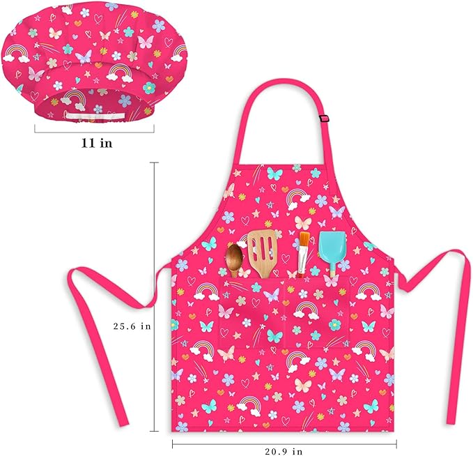 Kids Chef Hat and Apron, Adjustable Kids Aprons with Pocket Girls Boys Kitchen Toddler Aprons for Cooking Baking