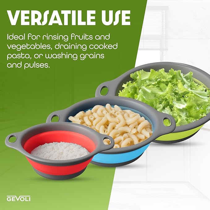 Gevoli Collapsible Colanders with Self-Draining Base for Edge of Sink, Food Strainers (Small/Med/Large), Nested Design for Easy Storage (Red, Blue, Green) (4PC Set)