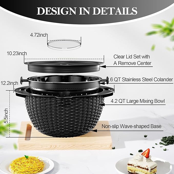 4-1 Colander with Bowl Set - Colander for Kitchen - Rotatable Strainers and Colanders(Patented) - Pasta Strainer - Bowl With Colander & New Upgraded Graters for Fruit Veggie, Kitchen Essentials, Black
