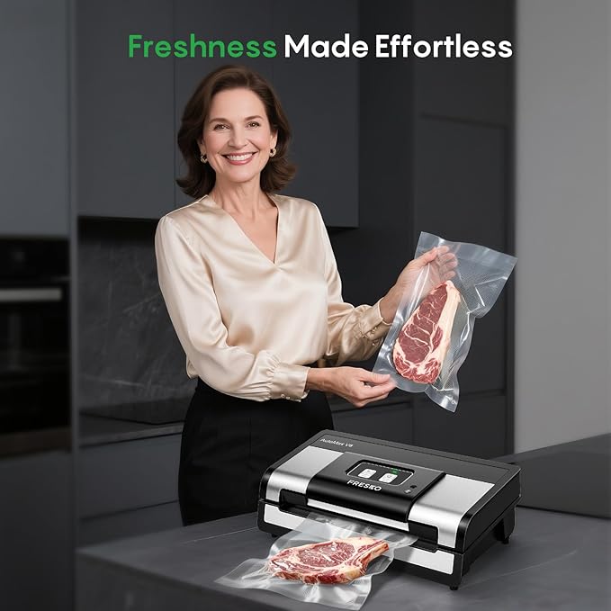FRESKO Automatic Vacuum Sealer for Food, Hands-Free Operation, Seal 50 Bags in 20 min – Ideal for Meal Prep & Bulk Food Storage, Powerful Suction, Built-in Cutter & 2 Roll Bags