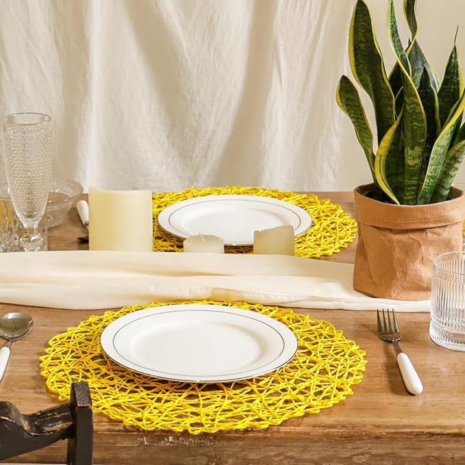 AHHFSMEI Paper Braided Round Placemats Set of 12 Natural Non-Slip Heat Resistant Table Mats for Dining Tables Woven Indoor Outdoor Place mats(Yellow,12)