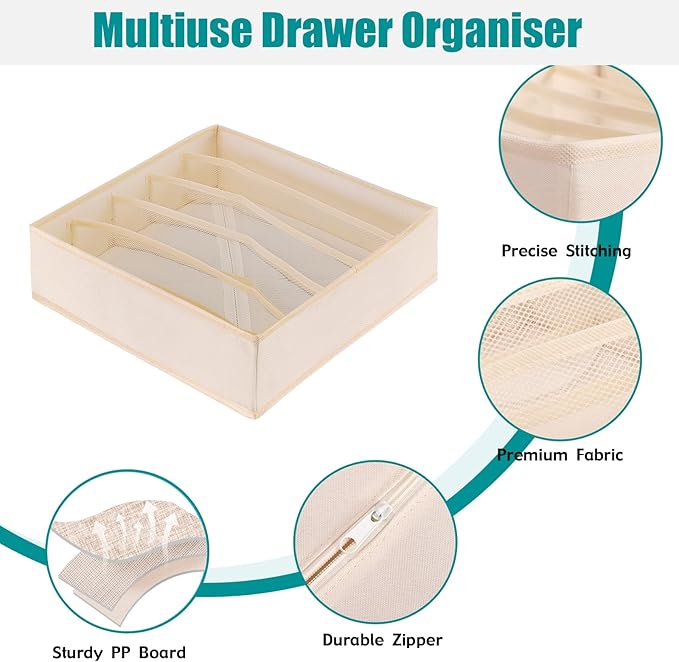 Drawer under Cabinet Clothes Organizer 5 Cell Foldable Storage Cubes Underwear Drawer Organizer Dividers Storage Boxes for Bra, Underwear(Creamy-White)