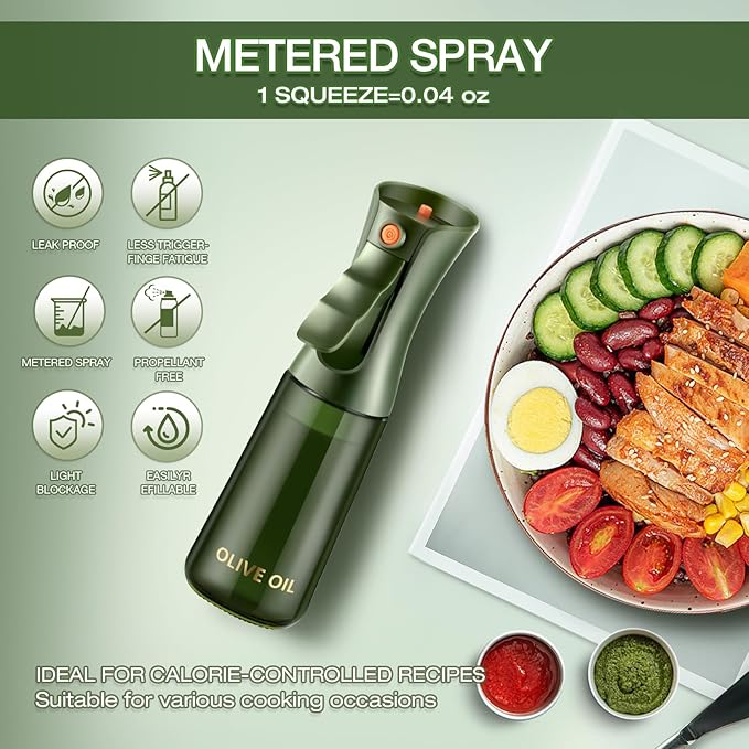 Glass Olive Oil Sprayer for Cooking, Oil Mister Continuous Cooking Spray with Portion Control for Kitchen 200ml/7oz (Green Bottle)