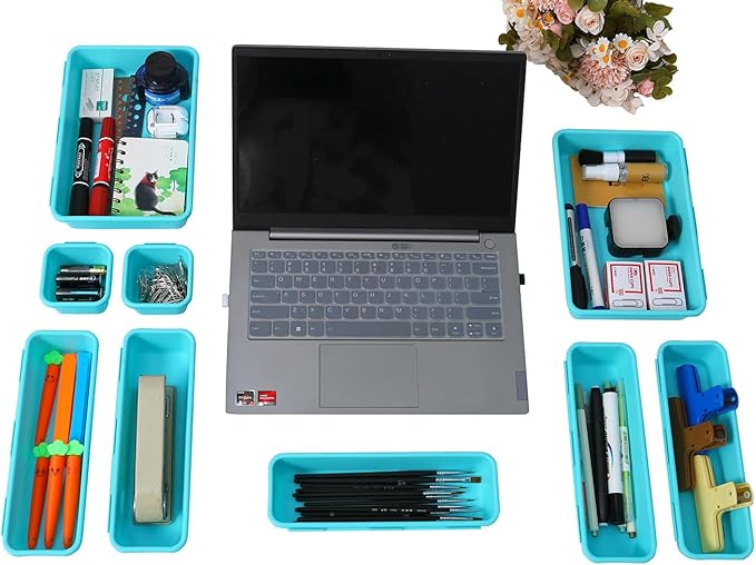 Kutesna 15 PCS Interlocking Desk Drawer Organizer Separator for Office,Bathroom,Kitchen,Makeup(Blue&Green)