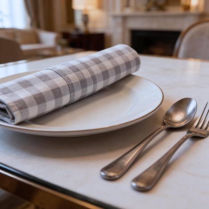 Cloth Napkins Set of 12, 100% Cotton Reusable Gingham Printed Dinner Napkins, 18x18 Inch Washable Table & Kitchen Napkins for Home, Dining, Entertaining – Cloud Gray & White