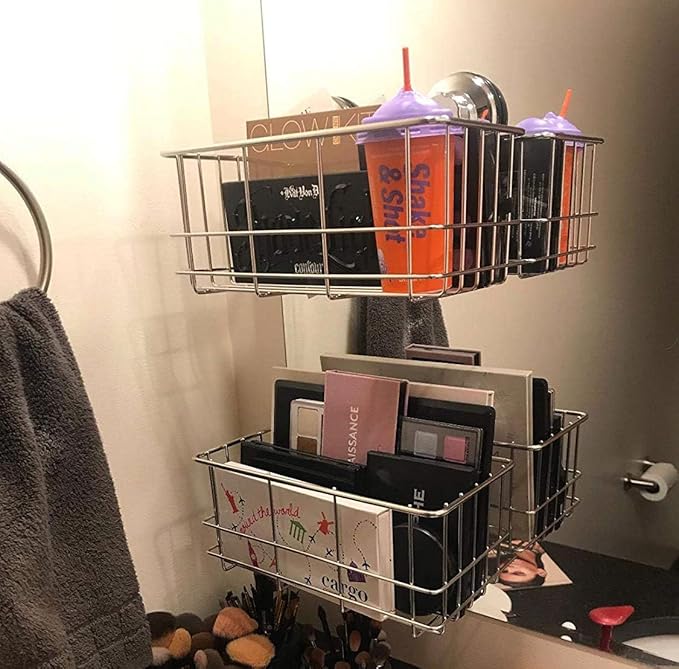 SANNO Suction Cup Shower Caddy Basket for Shampoo Combo Organizer Basket Stainless Steel Holder for Bathroom Storage,pack of 2