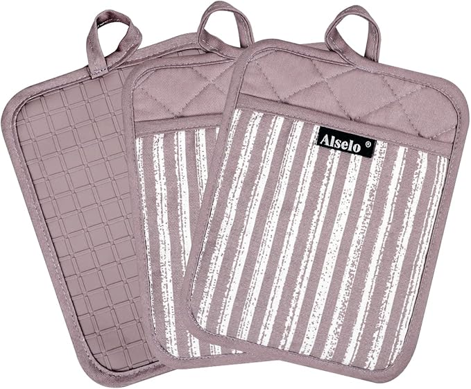 Alselo Silicone Pot Holders Set of 3 Heat Resistant & Non Slip Potholders, Professional Oven Hot Pads with Pockets Mitts for Kitchen Cooking Baking Barbecue (3, Purple)