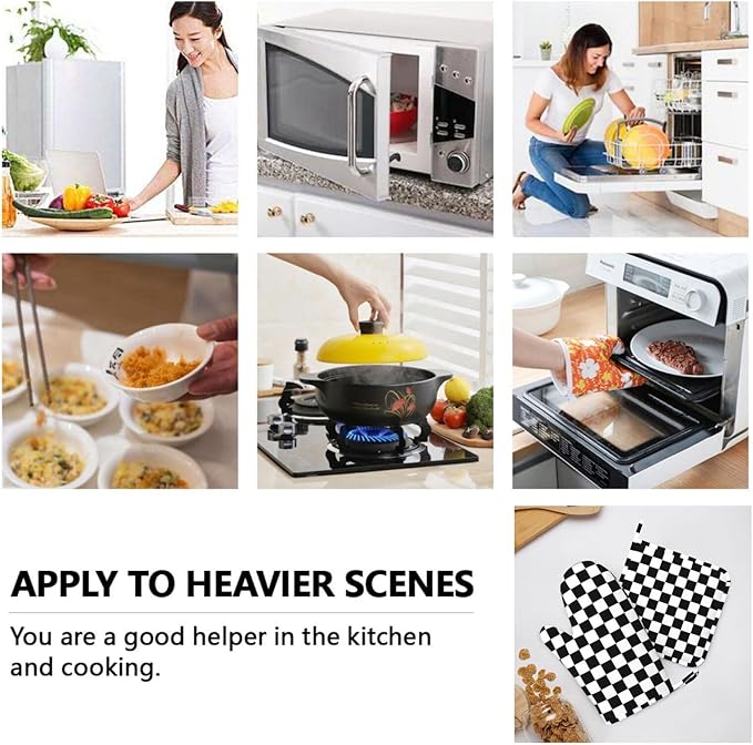 Black White Checkered Oven Mitts and Pot Holders Sets of 4, Heat Resistant Silicone Oven Mittens and Potholders Gloves Hot Pads for Kitchen Cooking Baking Grilling BBQ Chef