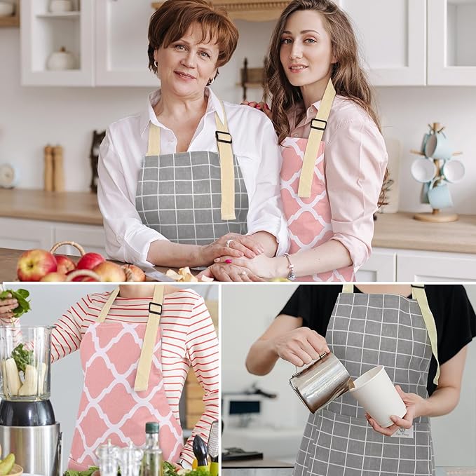 2 Pieces Aprons for Women with Pockets, Cotton Linen Waterproof Kitchen Cooking Aprons, Chef Apronfor Men Women with Adjustable Neck Strap and Long Ties(Pink/Grey)